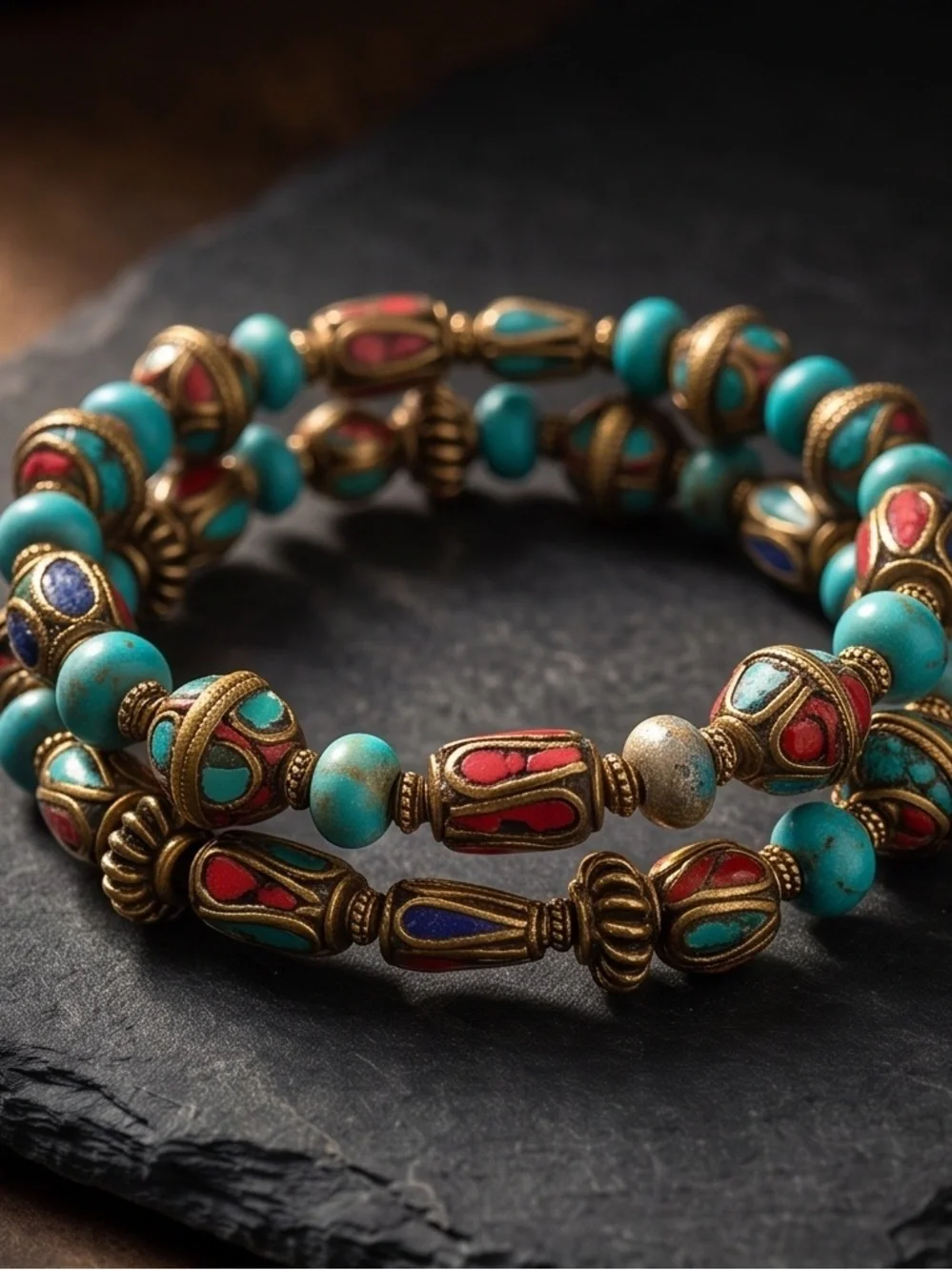 Turquoise & Coral Bead Bracelet - Turquoise, Coral☑️